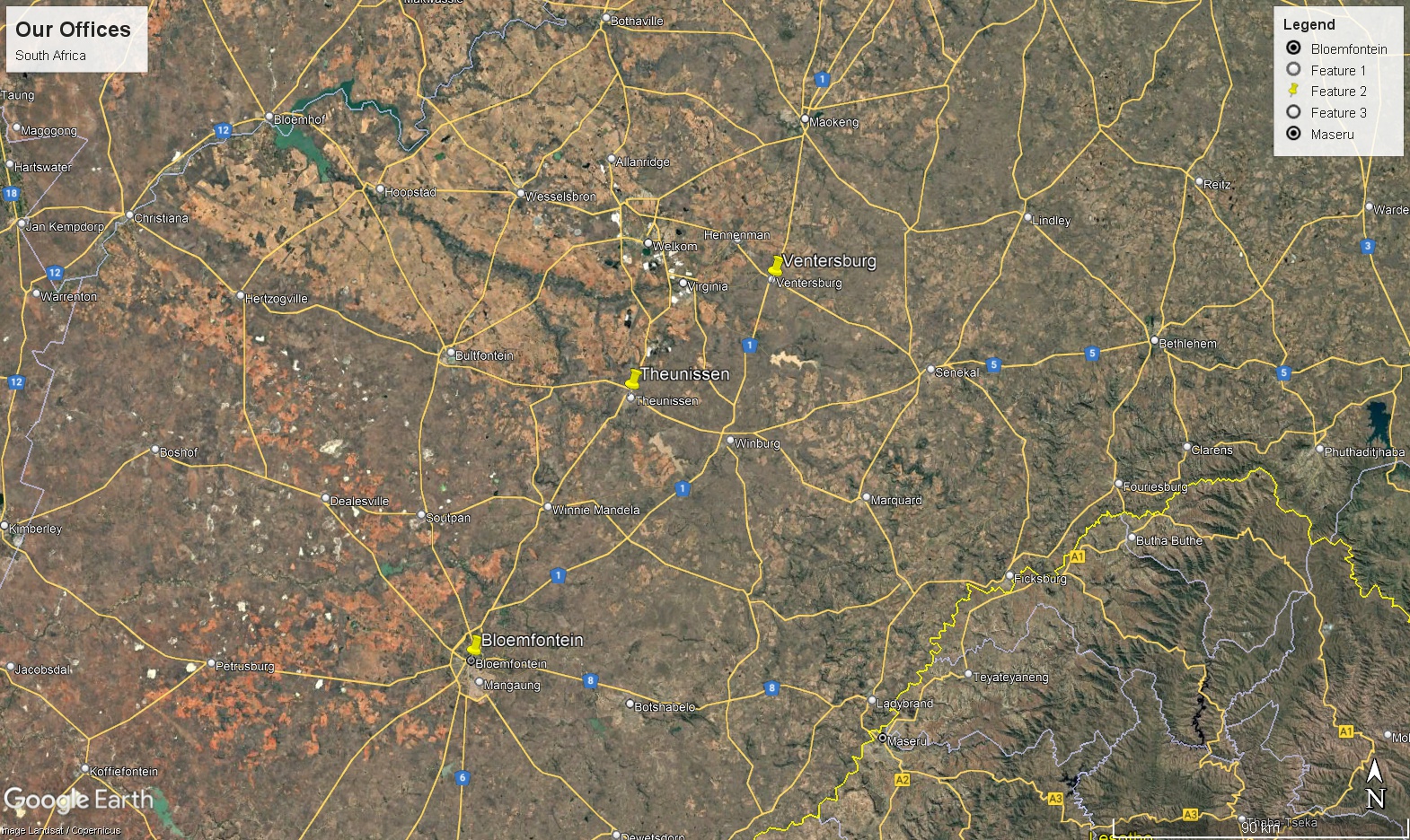 Map of Free State Province with Pins